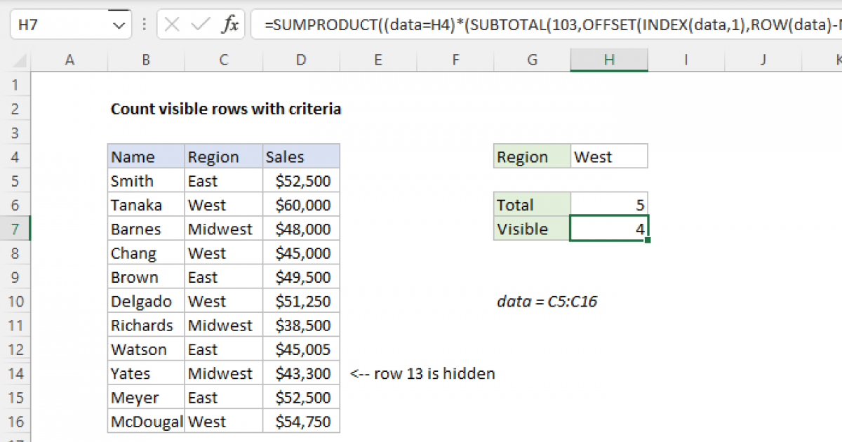Count Visible Rows With Criteria Excel Formula Exceljet 6700